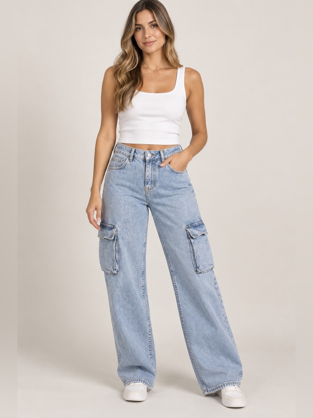 Bershka Light Blue Cargo Wide-Leg Jeans